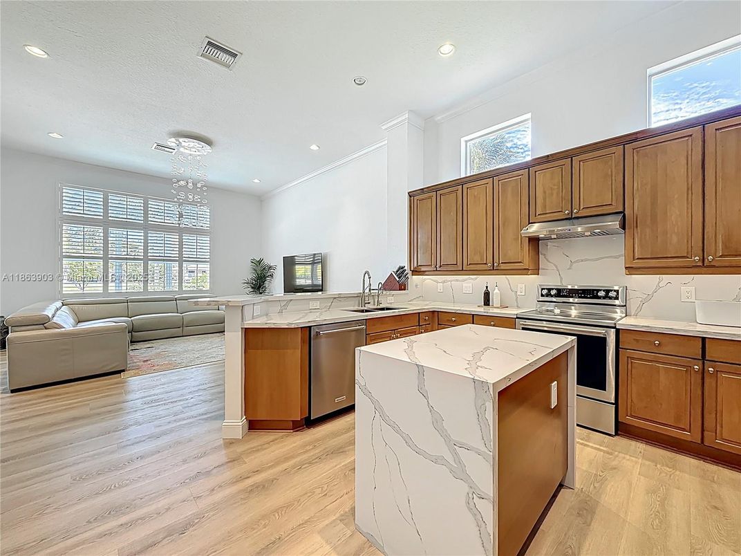 Interior, Kitchen, Living room, Recessed Lighting, Stainless Steel Appliances, Wood Texture Flooring