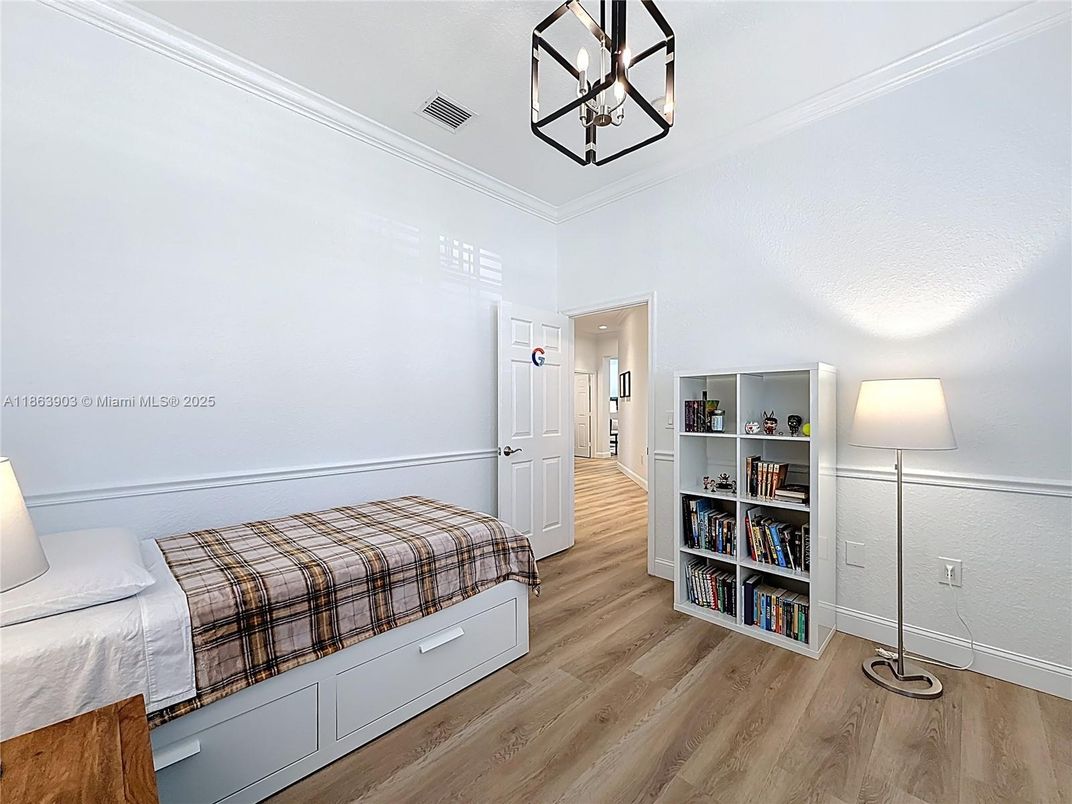Bedroom, Interior, Pendant Lights, Wood Texture Flooring