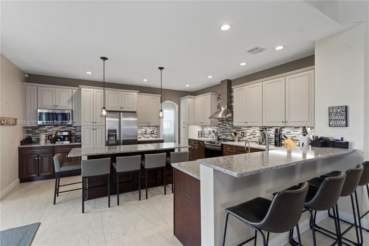 Interior, Kitchen, Marble, Pendant Lights, Recessed Lighting, Stainless Steel Appliances