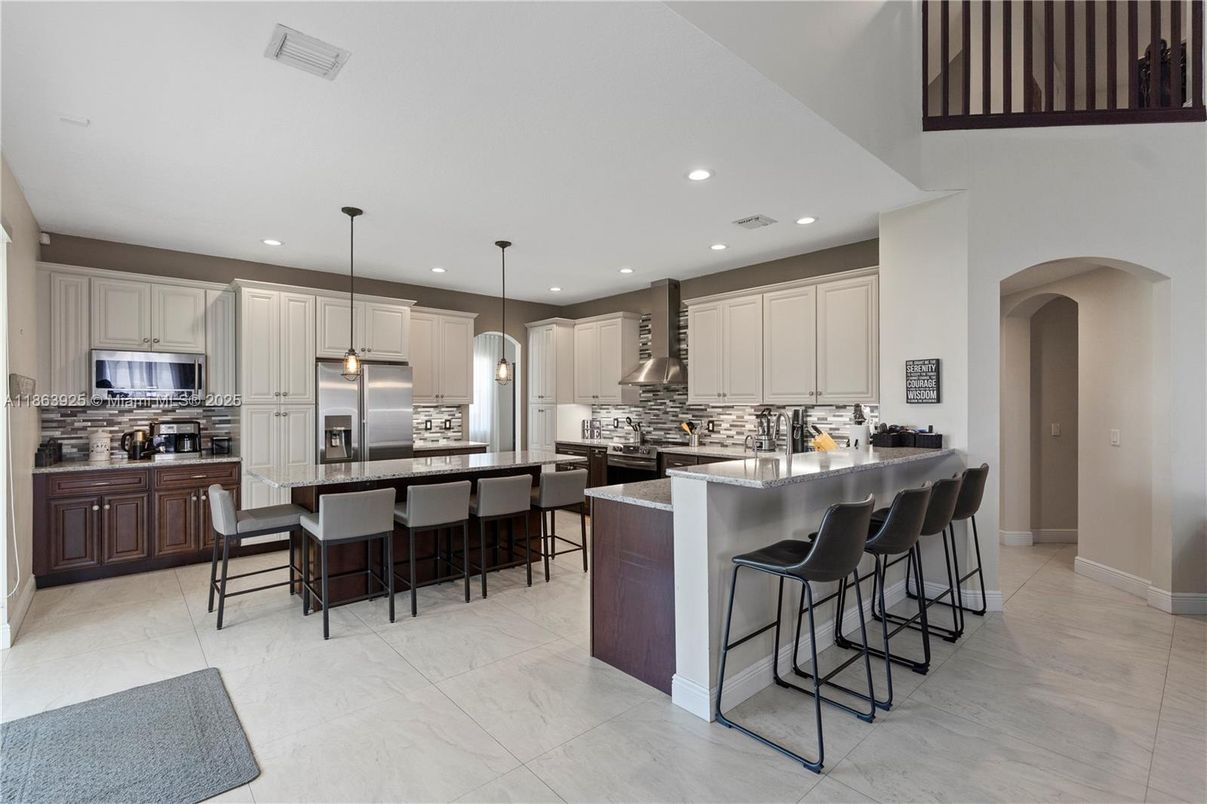 Interior, Kitchen, Marble, Pendant Lights, Recessed Lighting, Stainless Steel Appliances