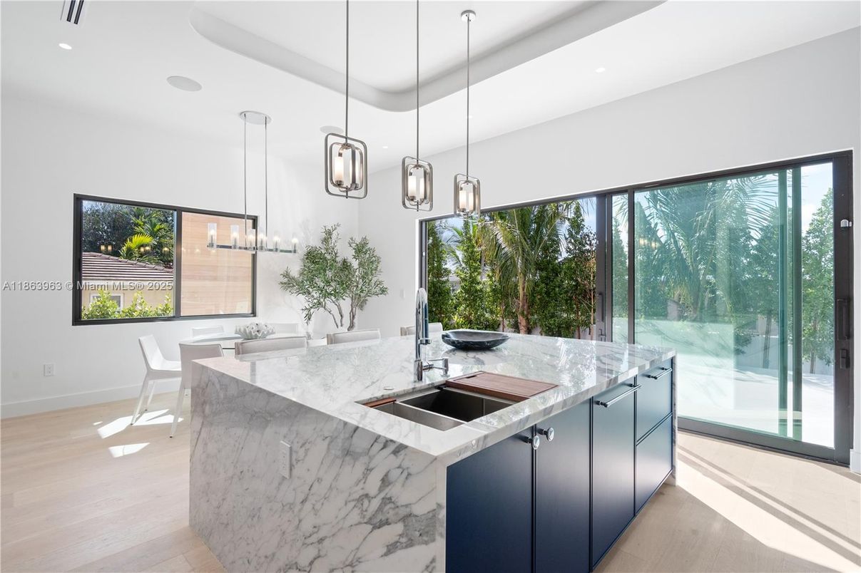 Dining room, Interior, Pendant Lights, Recessed Lighting, Wood Texture Flooring