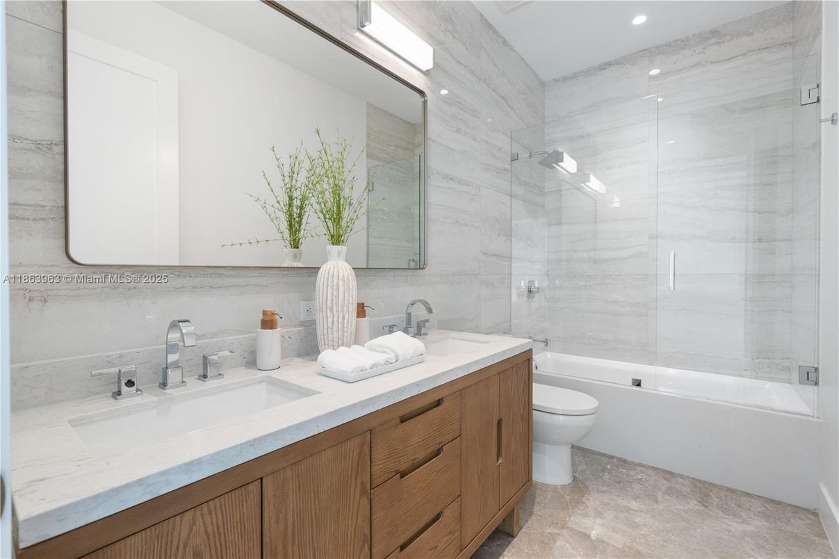 Bathroom, Dual Sink Vanities, Glass Shower, Interior, Marble Walls, Recessed Lighting