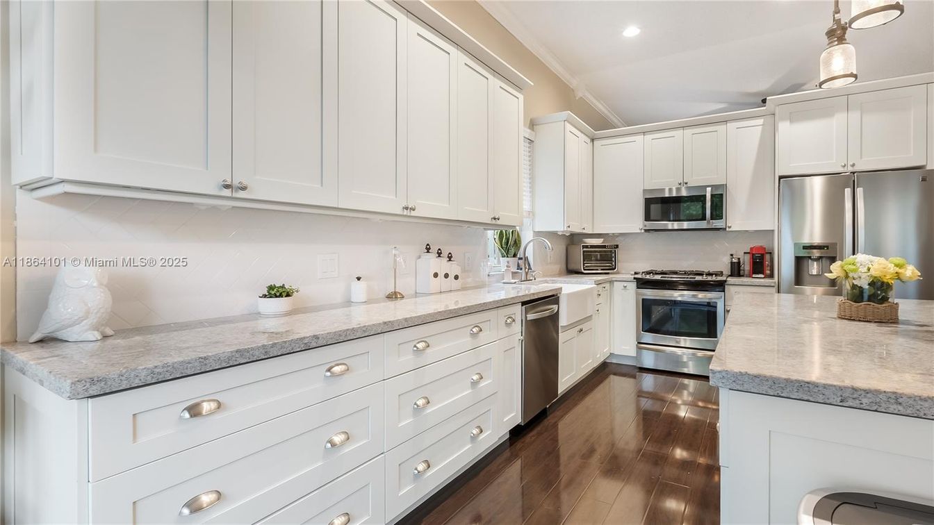 Interior, Kitchen, Pendant Lights, Recessed Lighting, Stainless Steel Appliances, Wood Texture Flooring