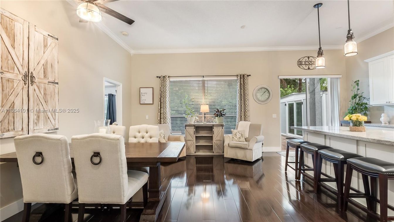 Dining room, Interior, Living room, Pendant Lights, Wood Texture Flooring