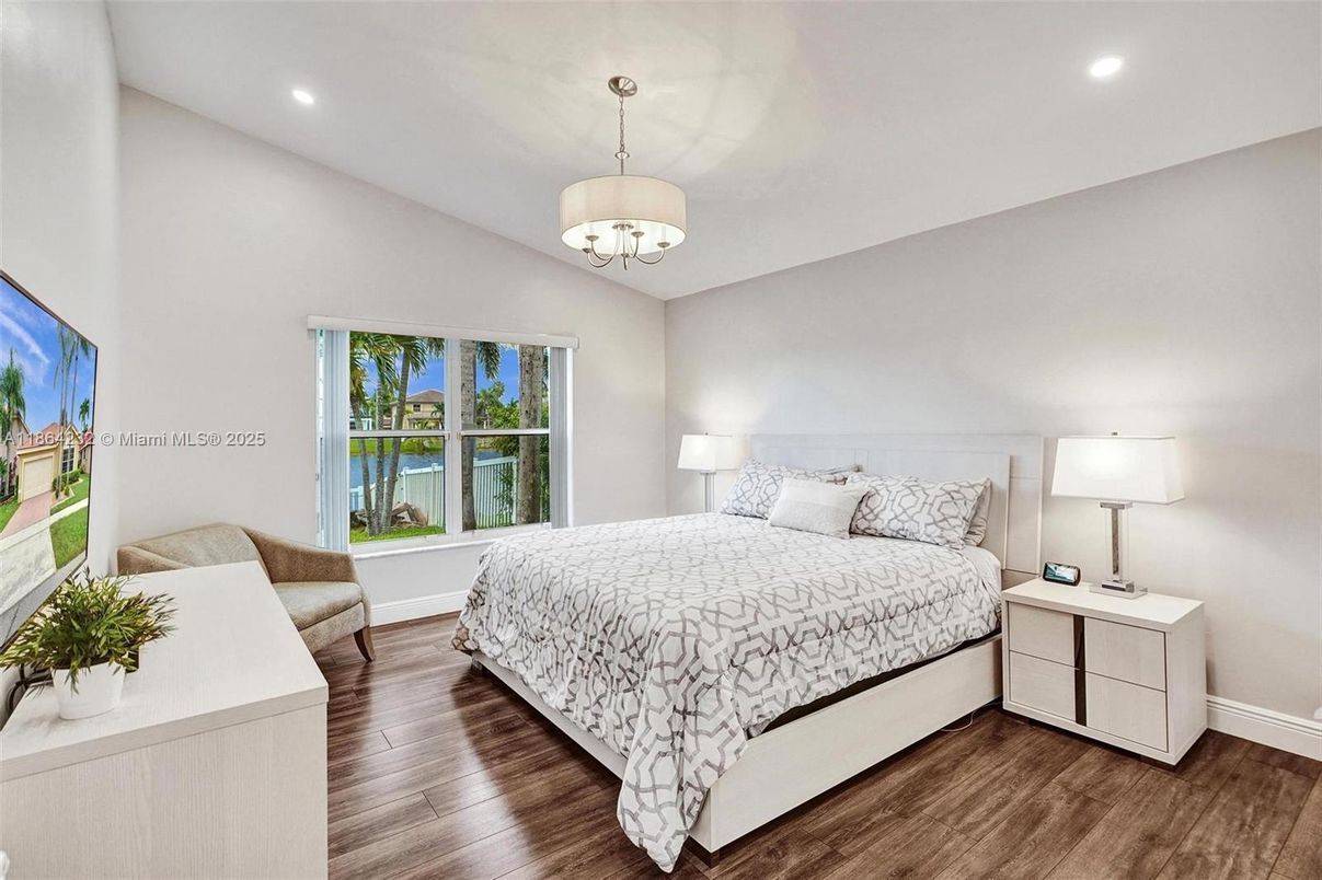 Bedroom, Chandelier, Interior, Recessed Lighting, Wood Texture Flooring
