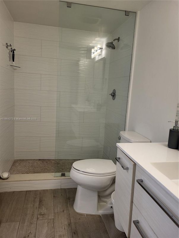 Bathroom, Glass Shower, Interior, Wood Texture Flooring
