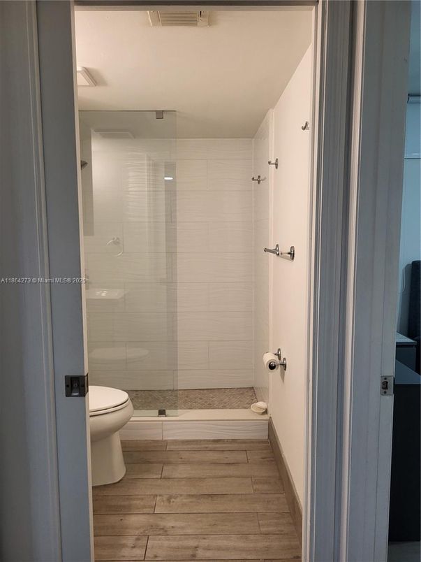 Bathroom, Glass Shower, Interior, Wood Texture Flooring