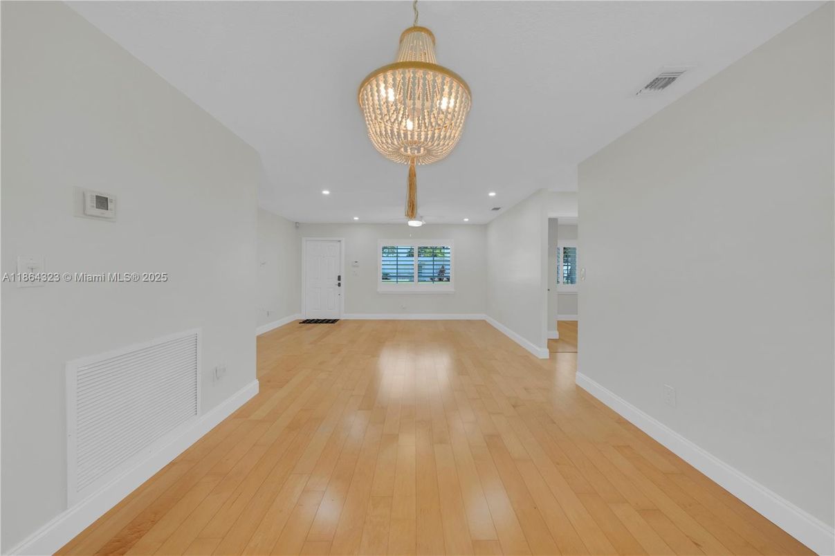 Chandelier, Empty room, Interior, Recessed Lighting, Wood Texture Flooring