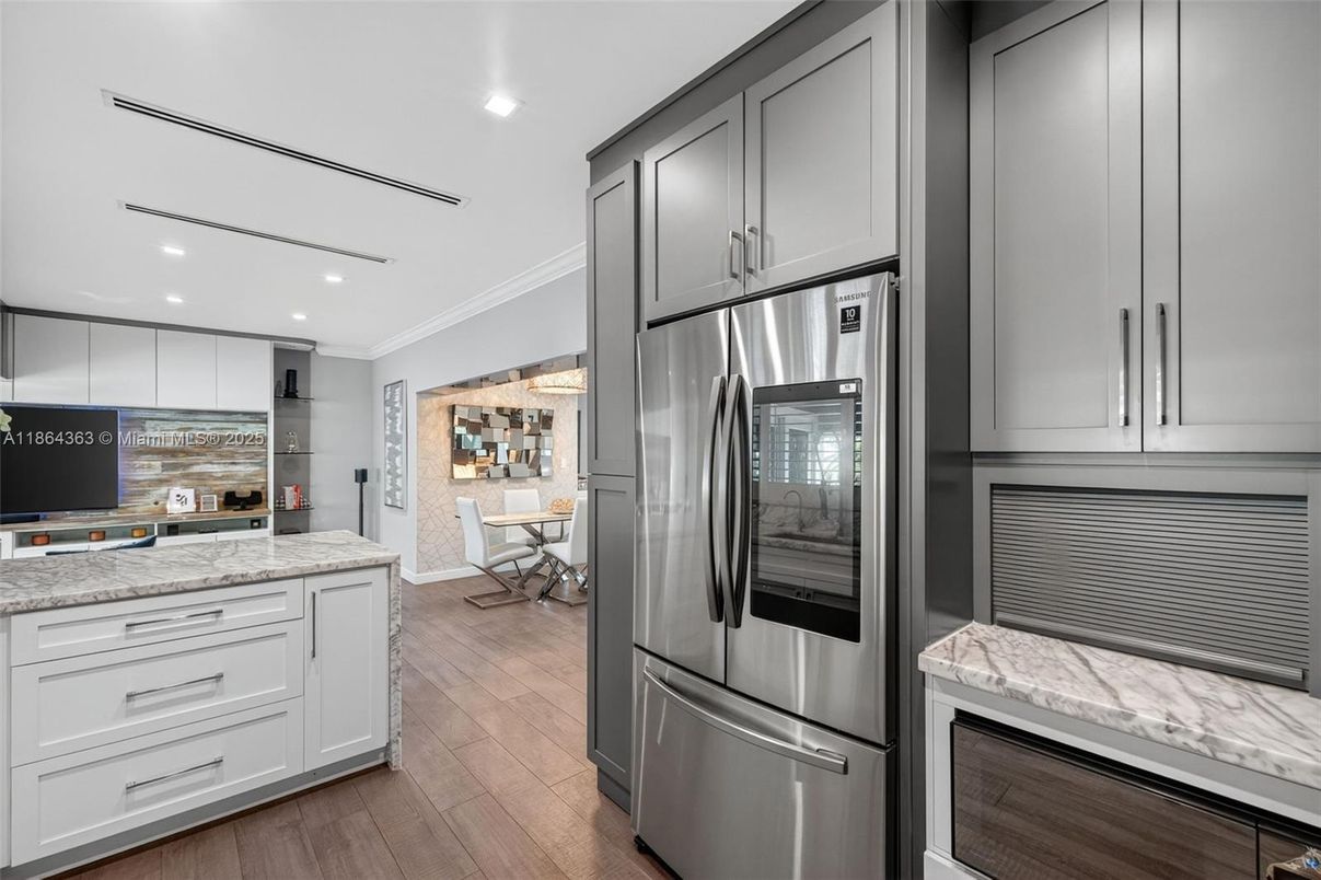 Interior, Kitchen, Recessed Lighting, Stainless Steel Appliances, Wood Texture Flooring