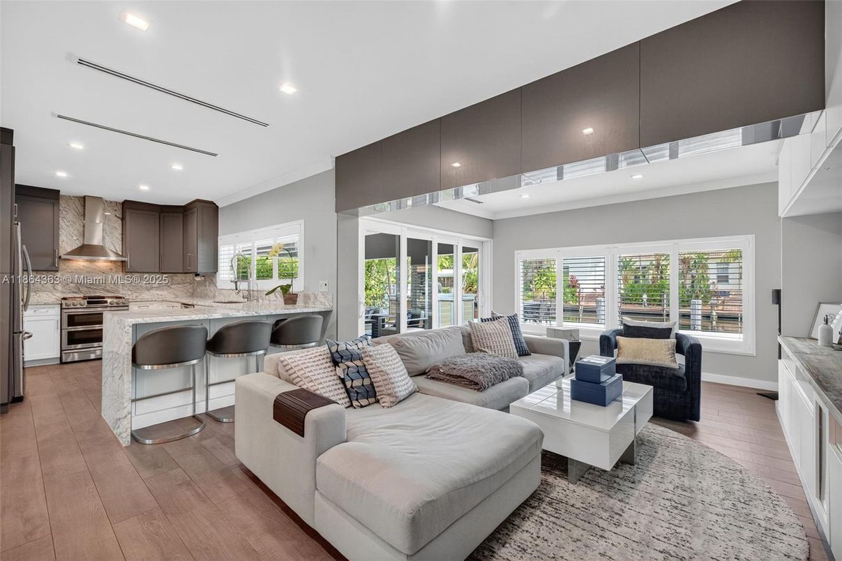 Interior, Kitchen, Living room, Recessed Lighting, Stainless Steel Appliances, Wood Texture Flooring