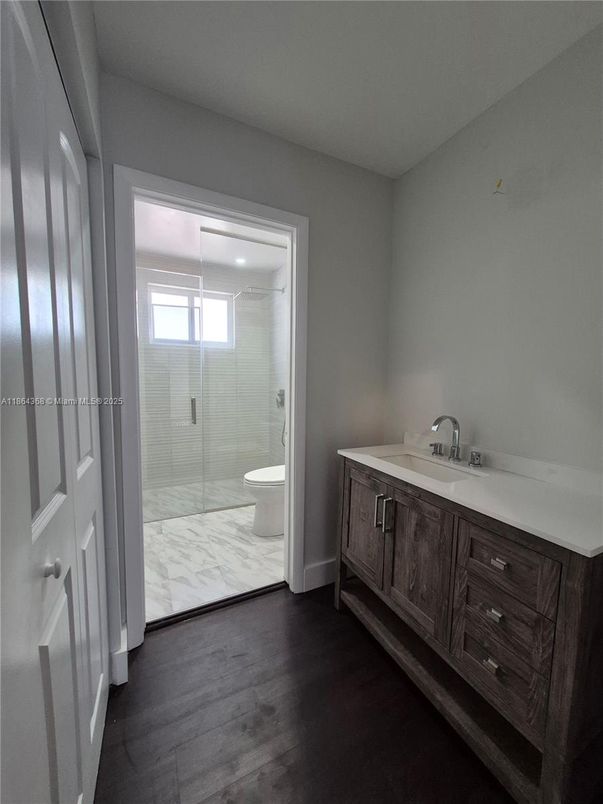 Bathroom, Glass Shower, Interior, Marble, Wood Texture Flooring