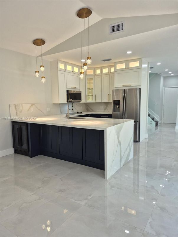 Interior, Kitchen, Marble, Pendant Lights, Recessed Lighting, Stainless Steel Appliances