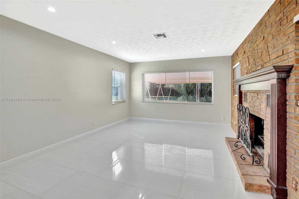 Empty room, Fireplace, Interior, Recessed Lighting, Stone Walls