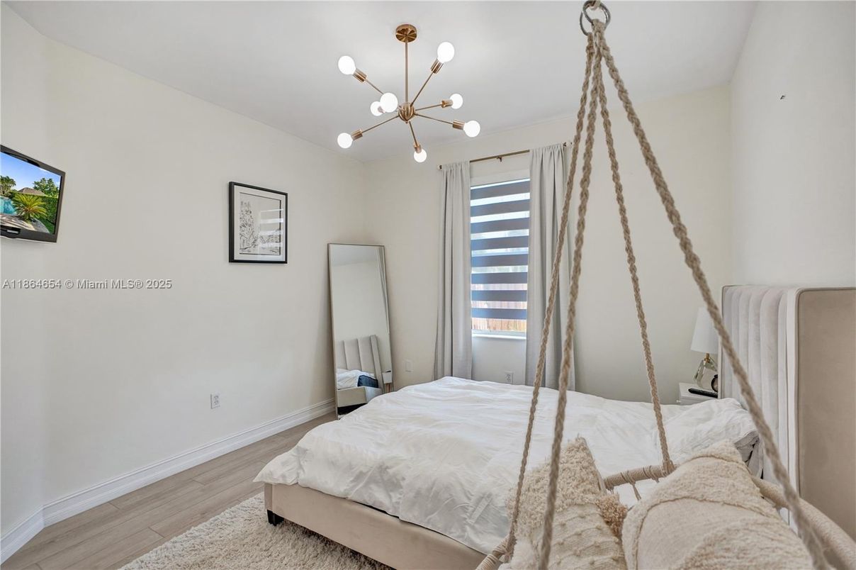 Bedroom, Interior, Pendant Lights, Wood Texture Flooring