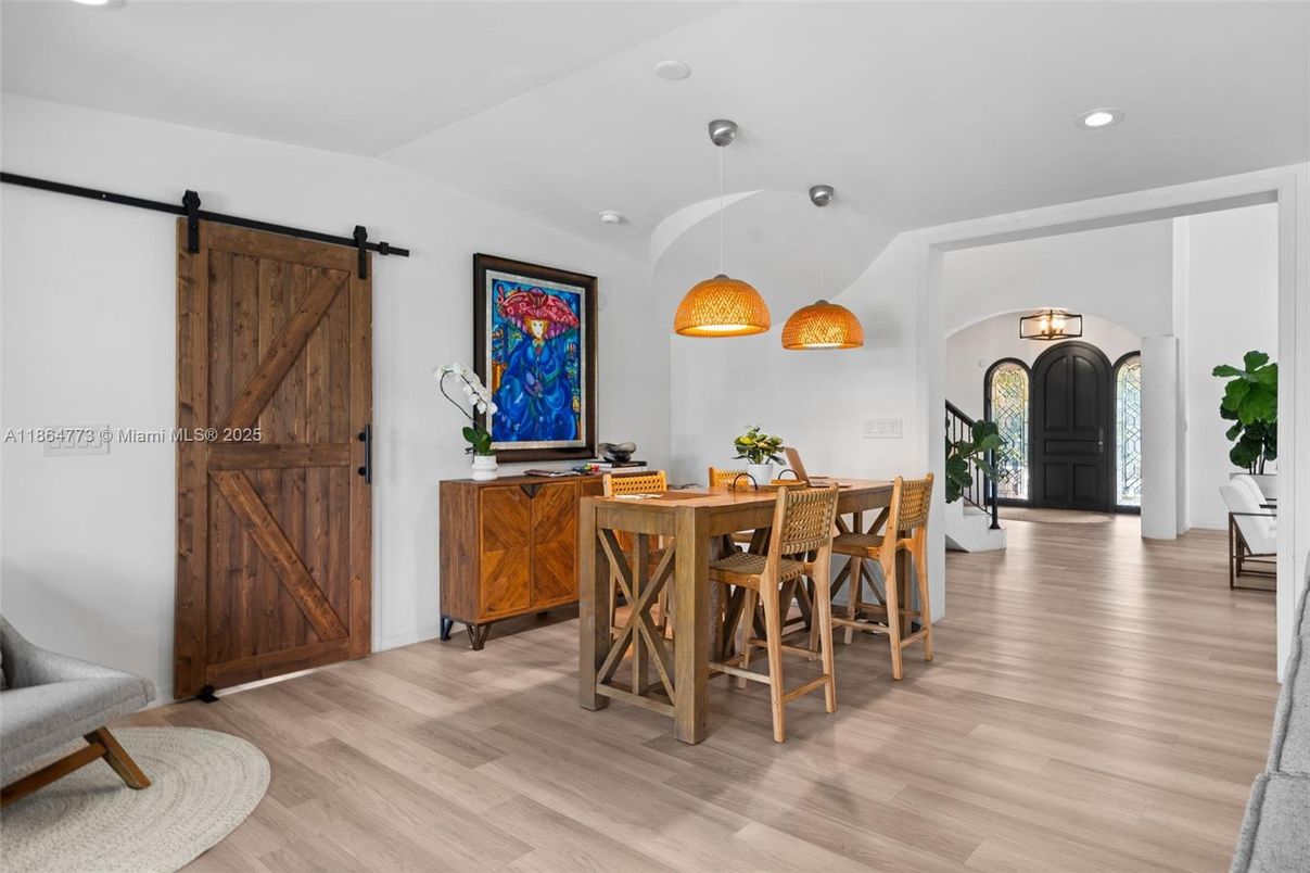 Dining room, Interior, Pendant Lights, Recessed Lighting, Wood Texture Flooring