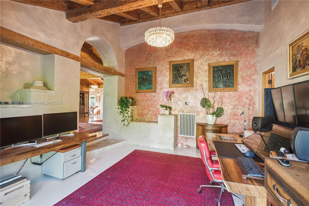 Chandelier, Home Office, Interior, Pendant Lights, Wooden Beams