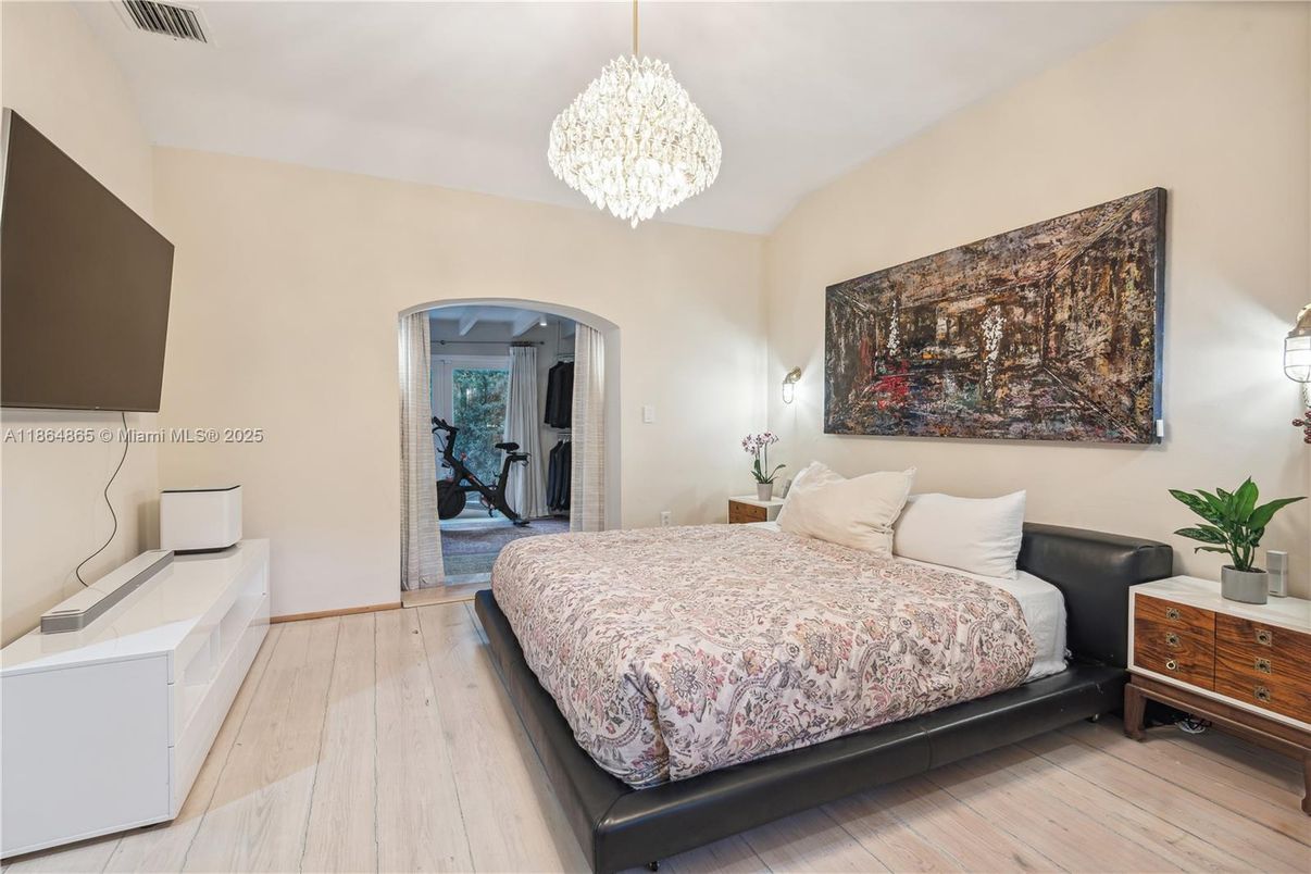 Bedroom, Chandelier, Interior, Wood Texture Flooring