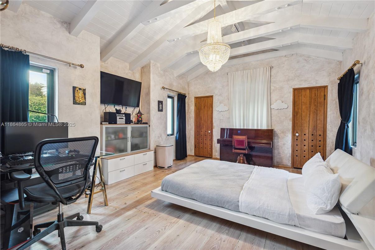 Bedroom, Chandelier, Home Office, Interior, Wood Texture Flooring