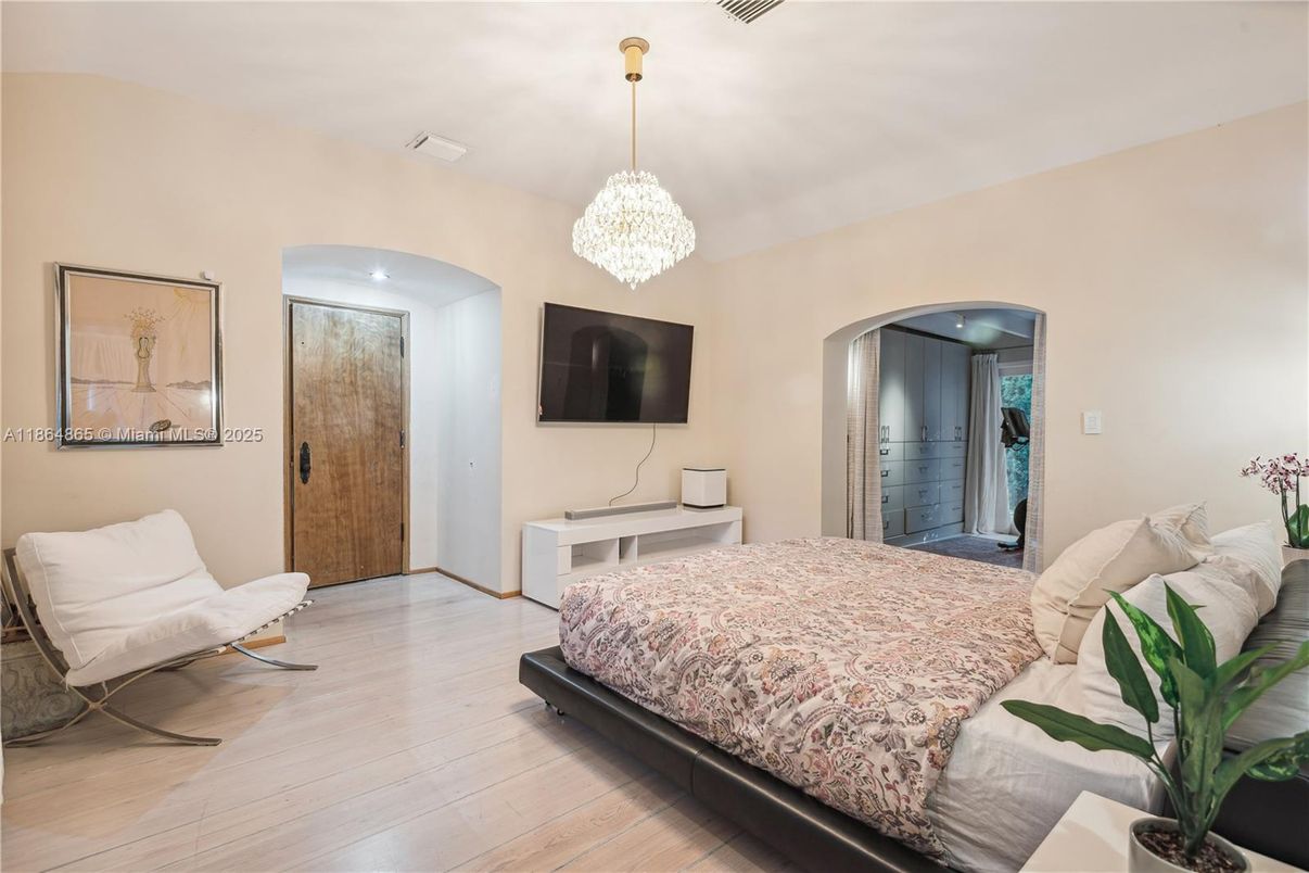 Bedroom, Chandelier, Interior, Wood Texture Flooring