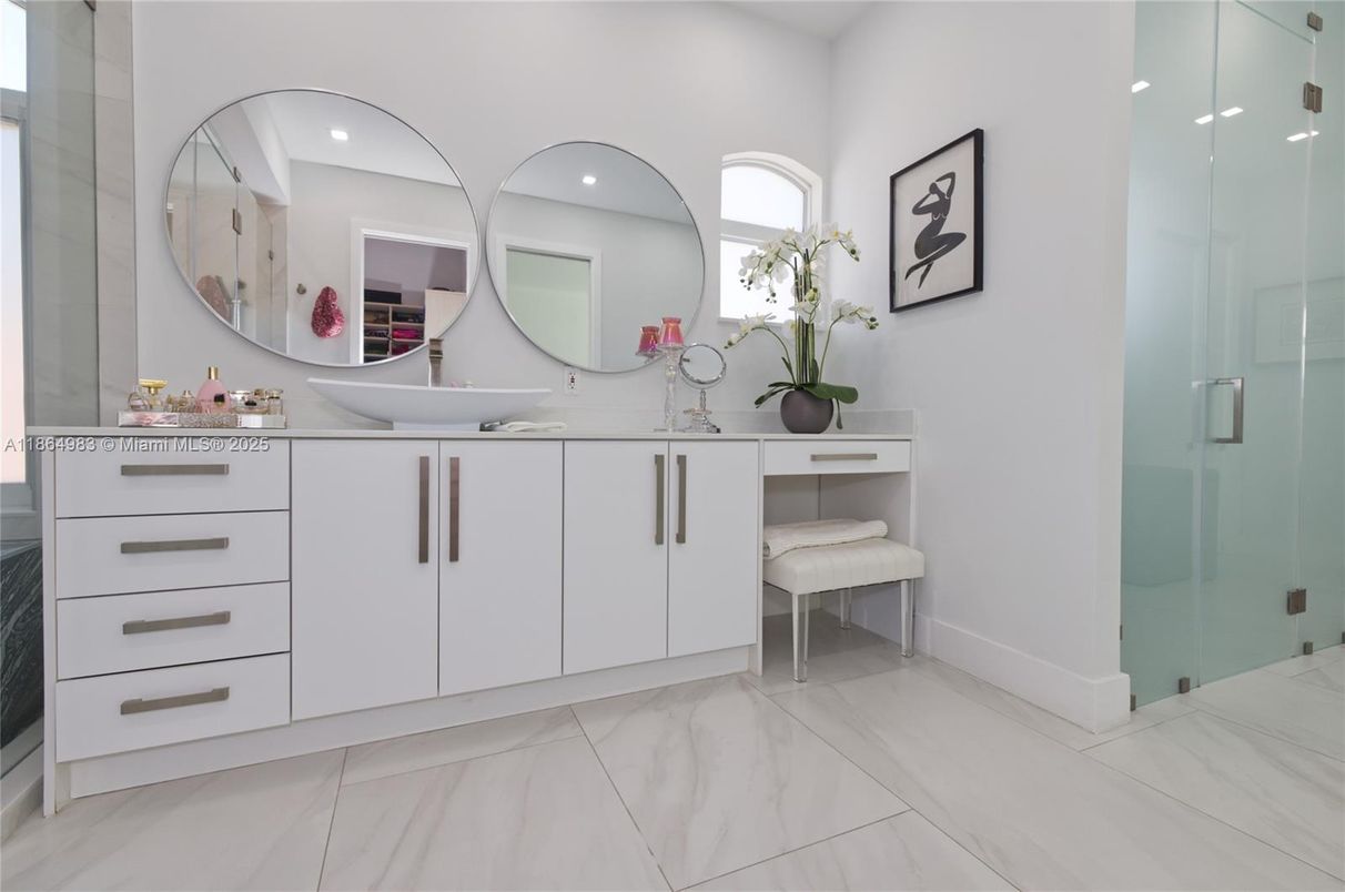 Bathroom, Dual Sink Vanities, Glass Shower, Interior, Marble, Recessed Lighting