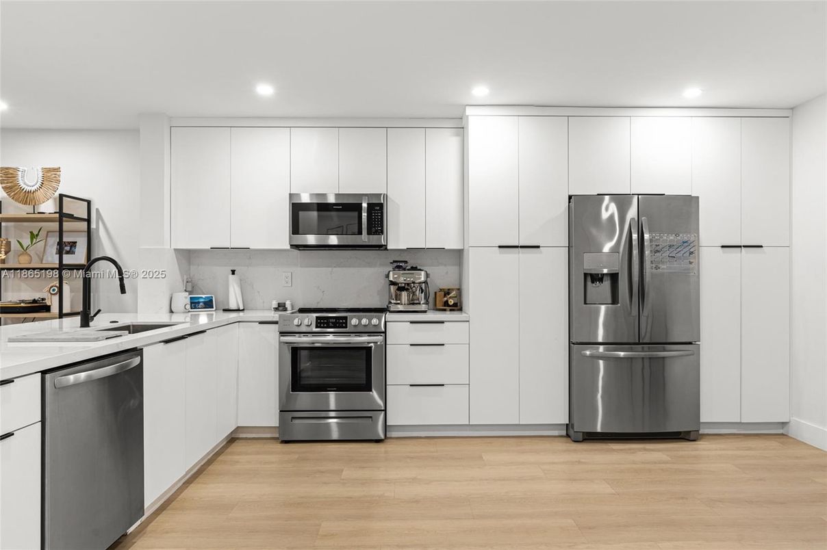 Interior, Kitchen, Recessed Lighting, Stainless Steel Appliances, Wood Texture Flooring