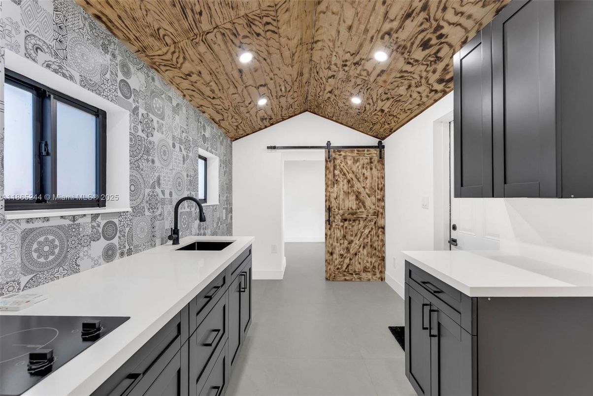 Bathroom, Dual Sink Vanities, Interior, Recessed Lighting, Wooden Ceilings