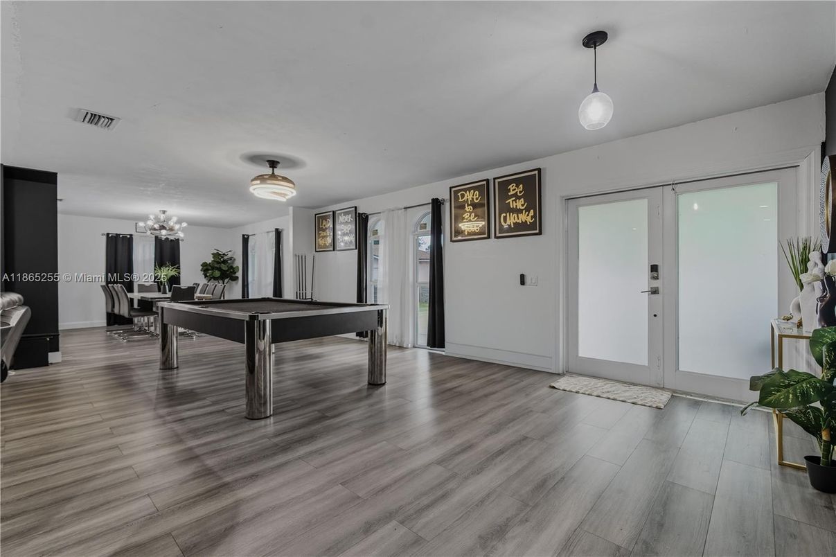 Billiard Table, Game Room, Interior, Pendant Lights, Wood Texture Flooring