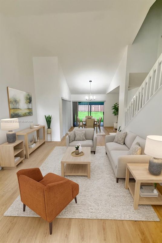Dining room, Interior, Living room, Pendant Lights, Wood Texture Flooring