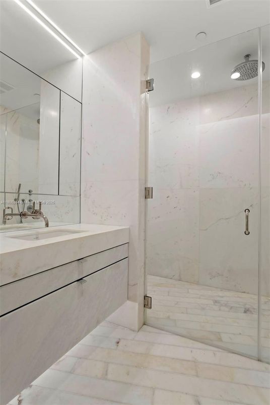 Bathroom, Glass Shower, Interior, Marble, Marble Walls, Recessed Lighting