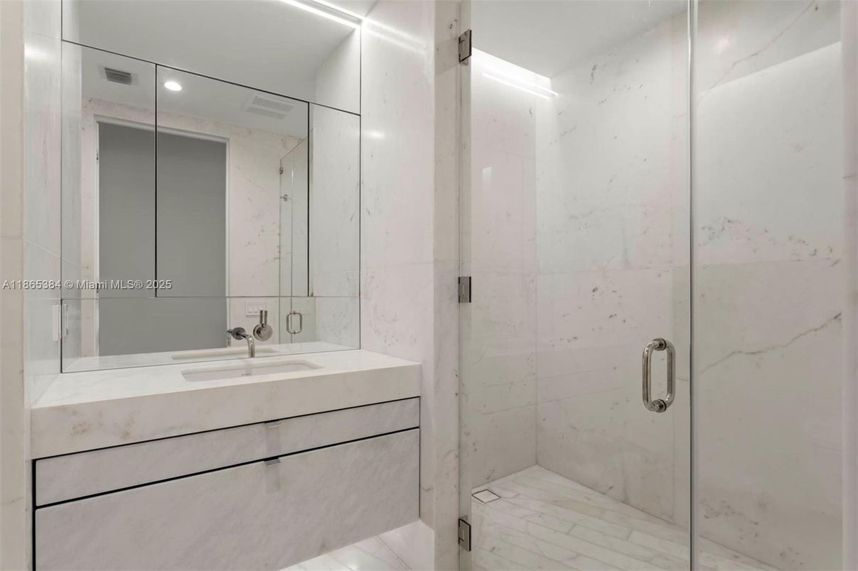 Bathroom, Glass Shower, Interior, Marble Walls, Recessed Lighting