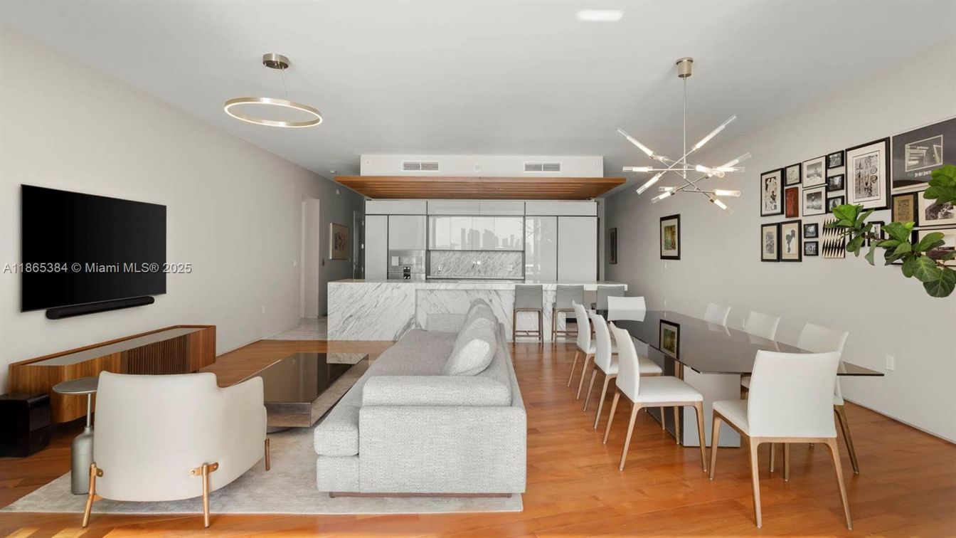 Dining room, Interior, Kitchen, Marble Walls, Pendant Lights, Recessed Lighting, Wood Texture Flooring
