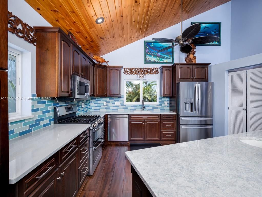Interior, Kitchen, Recessed Lighting, Stainless Steel Appliances, Wooden Ceilings, Wood Texture Flooring