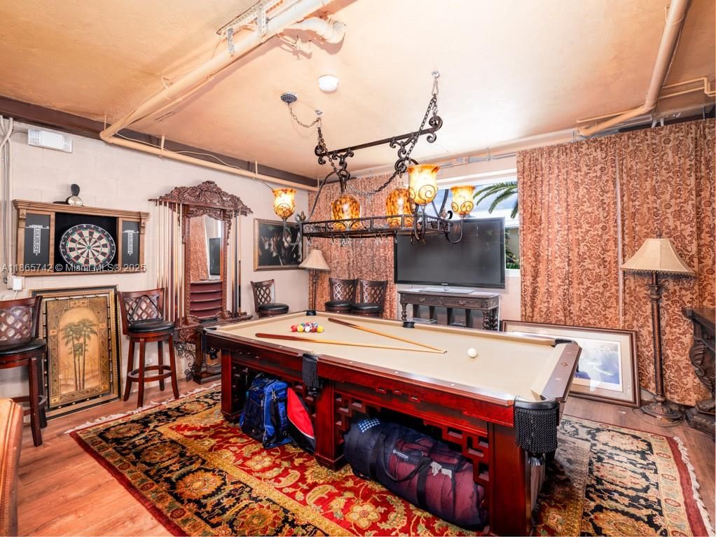 Billiard Table, Chandelier, Game Room, Interior, Wood Texture Flooring