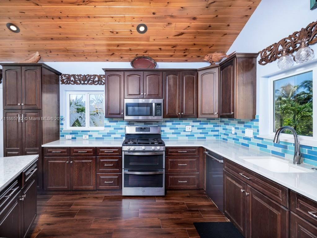 Interior, Kitchen, Recessed Lighting, Stainless Steel Appliances, Wooden Ceilings, Wood Texture Flooring