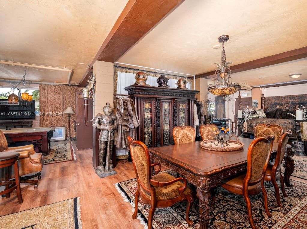 Chandelier, Dining room, Fireplace, Interior, Recessed Lighting, Wood Texture Flooring