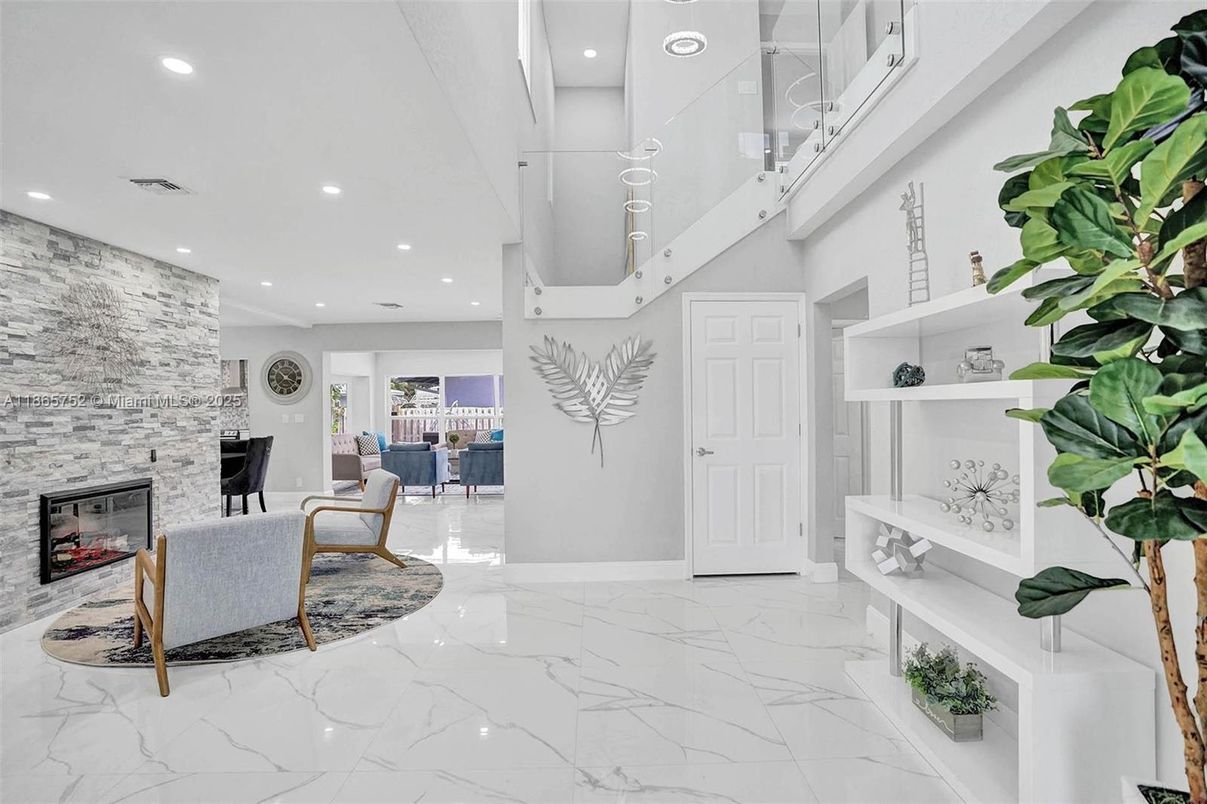 Fireplace, Interior, Living room, Marble, Recessed Lighting, Stone Walls