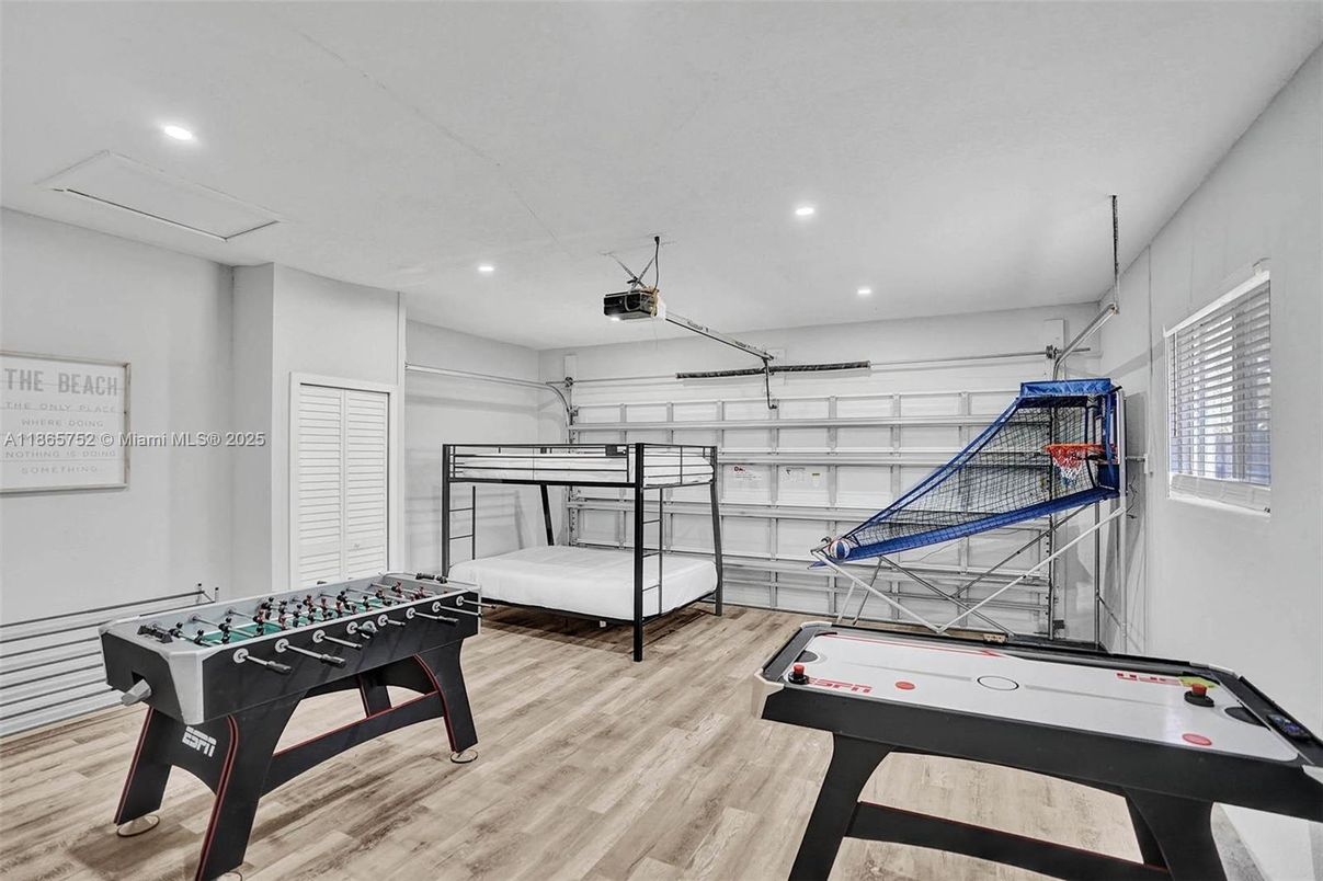 Game Room, Garage, Interior, Recessed Lighting, Wood Texture Flooring