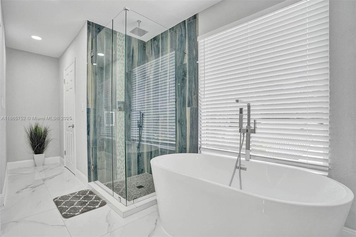 Bathroom, Free Standing Baths, Glass Shower, Interior, Marble, Recessed Lighting