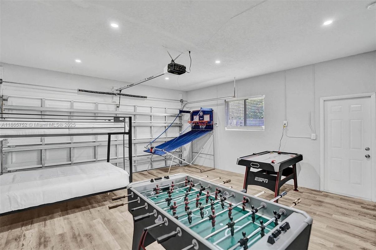 Game Room, Garage, Interior, Recessed Lighting, Wood Texture Flooring