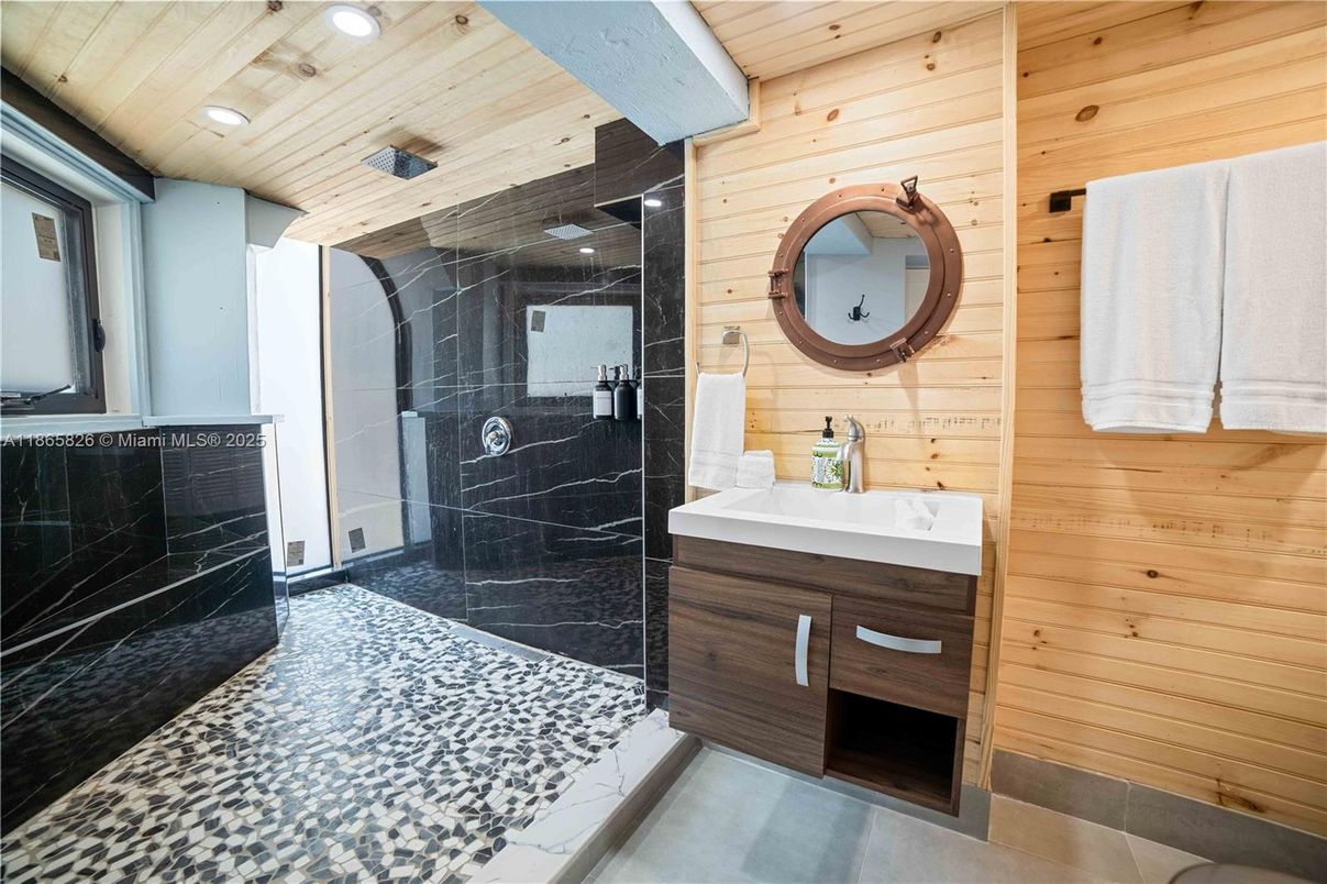 Bathroom, Glass Shower, Interior, Recessed Lighting, Wooden Ceilings, Wooden Walls