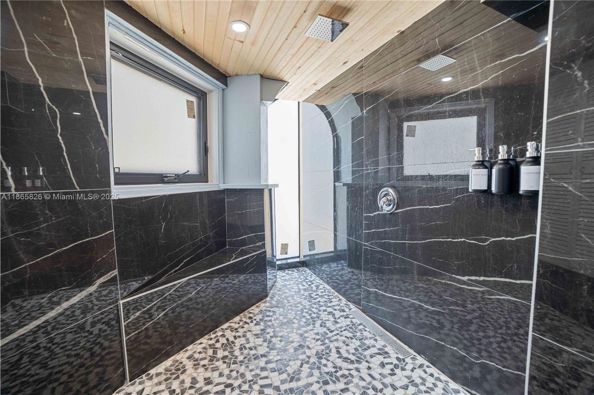 Bathroom, Interior, Marble Walls, Recessed Lighting, Wooden Ceilings