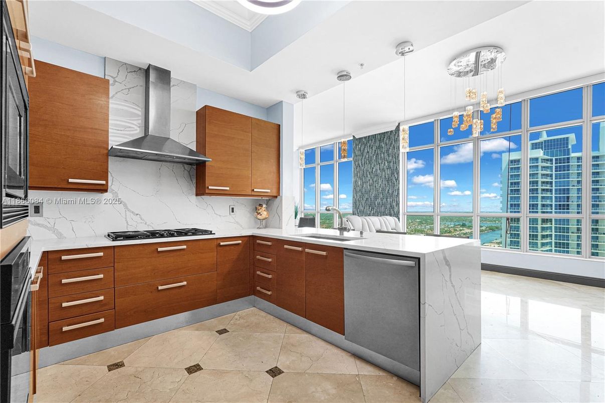 Interior, Kitchen, Marble Walls, Pendant Lights, Stainless Steel Appliances, Water