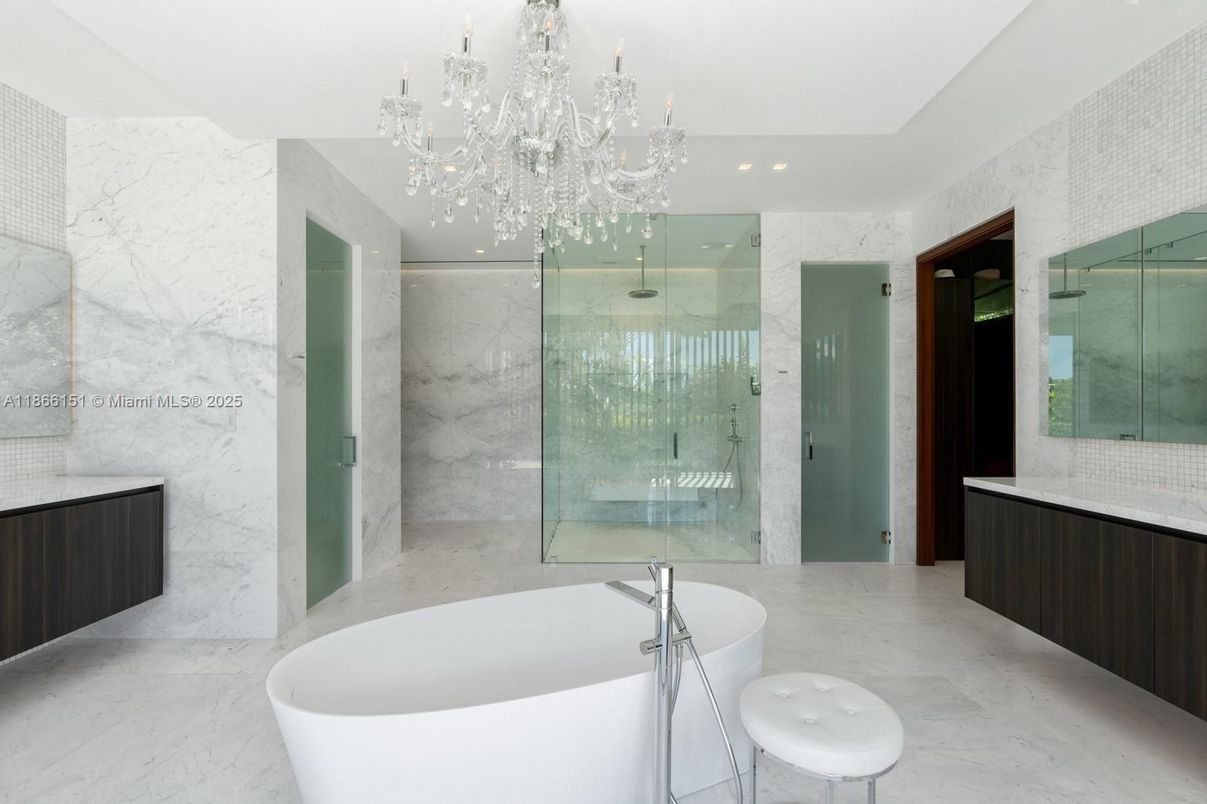 Bathroom, Chandelier, Free Standing Baths, Glass Shower, Interior, Marble, Marble Walls, Recessed Lighting