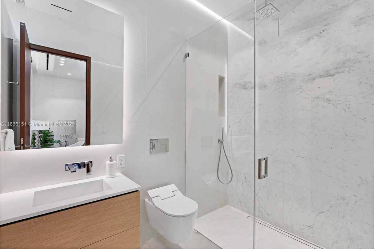 Bathroom, Glass Shower, Interior, Marble Walls, Recessed Lighting