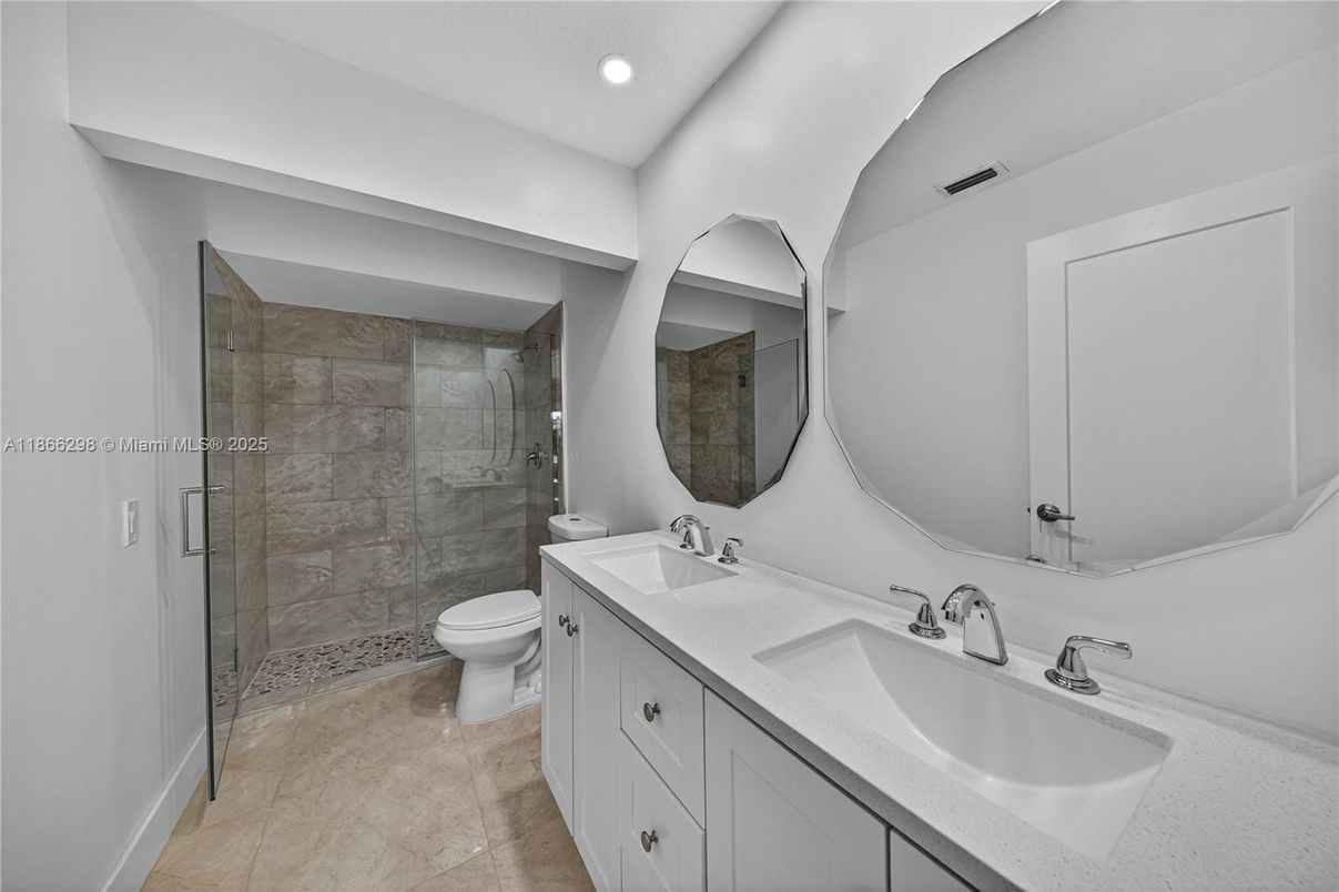 Bathroom, Dual Sink Vanities, Glass Shower, Interior, Recessed Lighting
