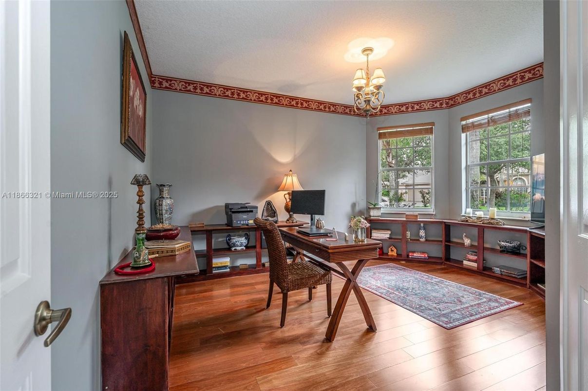 Chandelier, Home Office, Interior, Wood Texture Flooring
