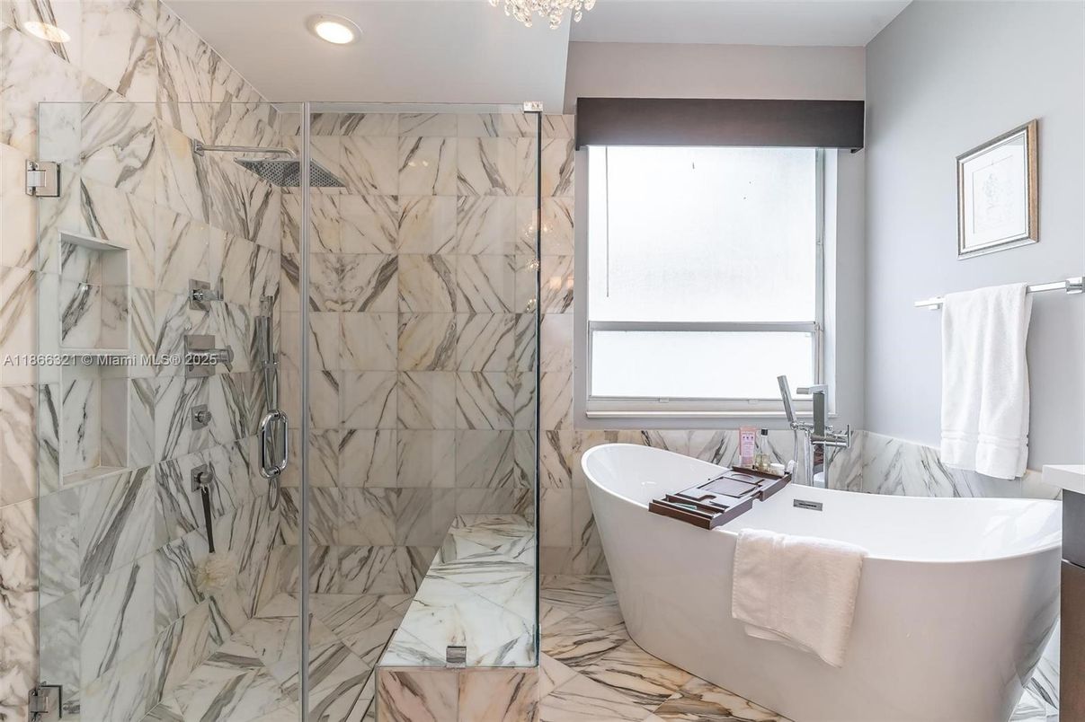 Bathroom, Free Standing Baths, Glass Shower, Interior, Marble, Marble Walls, Recessed Lighting