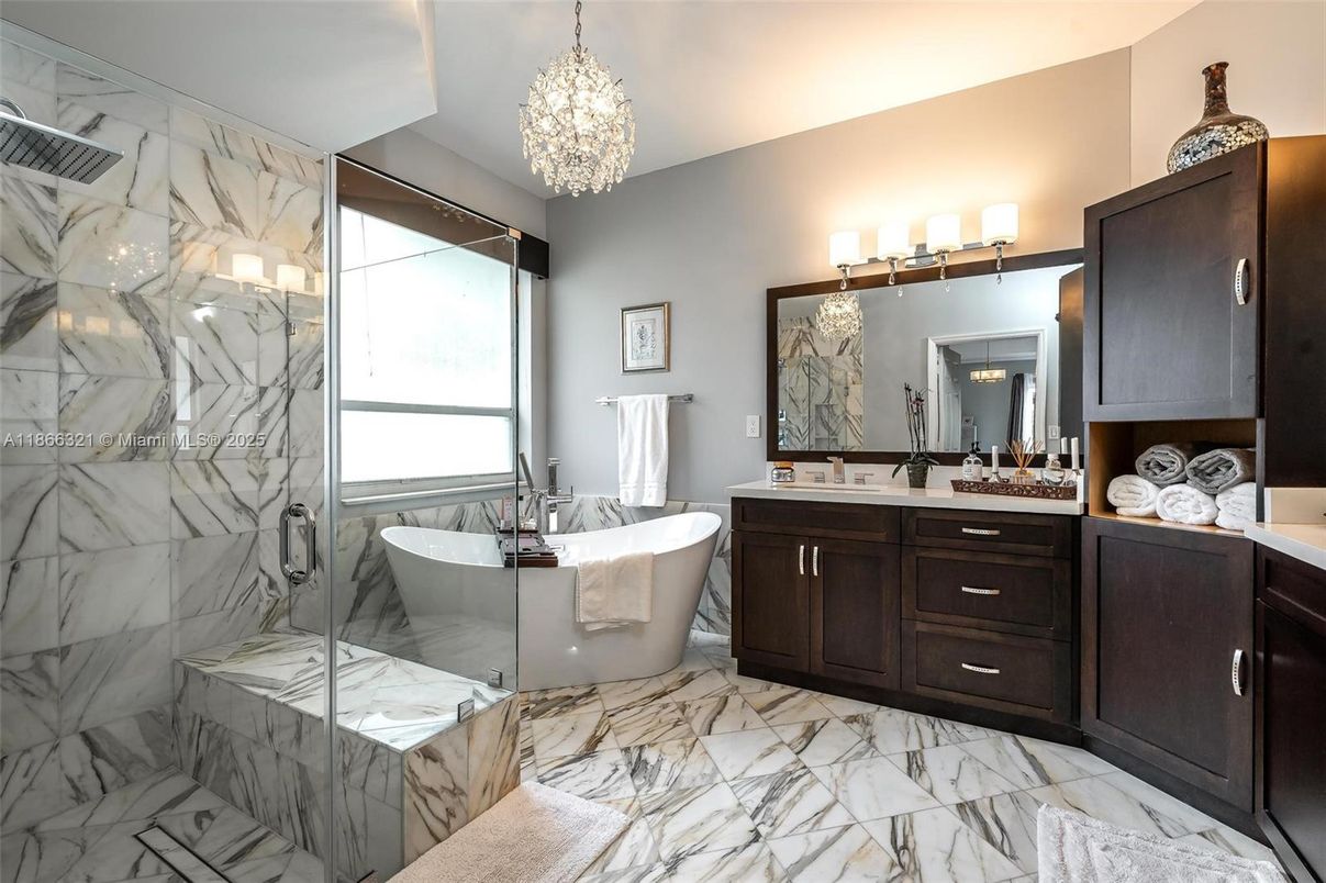Bathroom, Chandelier, Dual Sink Vanities, Free Standing Baths, Glass Shower, Interior, Marble, Marble Walls