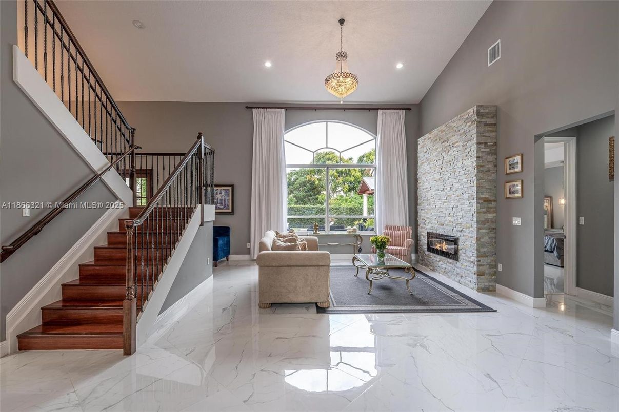 Fireplace, Interior, Living room, Marble, Pendant Lights, Recessed Lighting