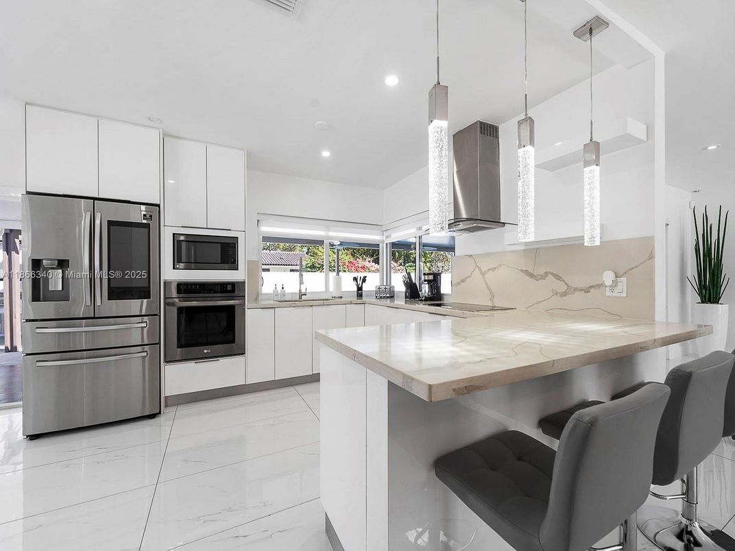 Interior, Kitchen, Marble, Pendant Lights, Recessed Lighting, Stainless Steel Appliances